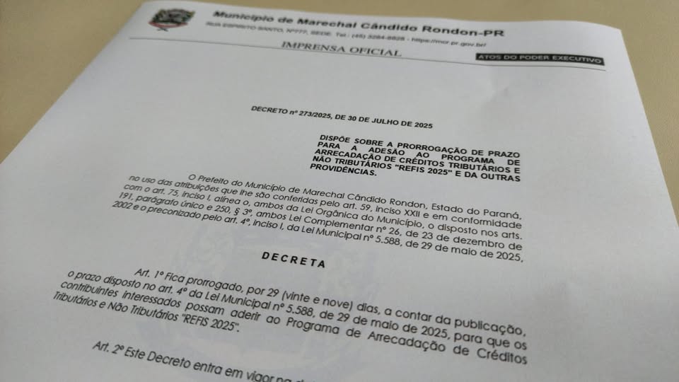 Prazo para adesão ao REFIS 2025 de Marechal Rondon segue até 30 de agosto