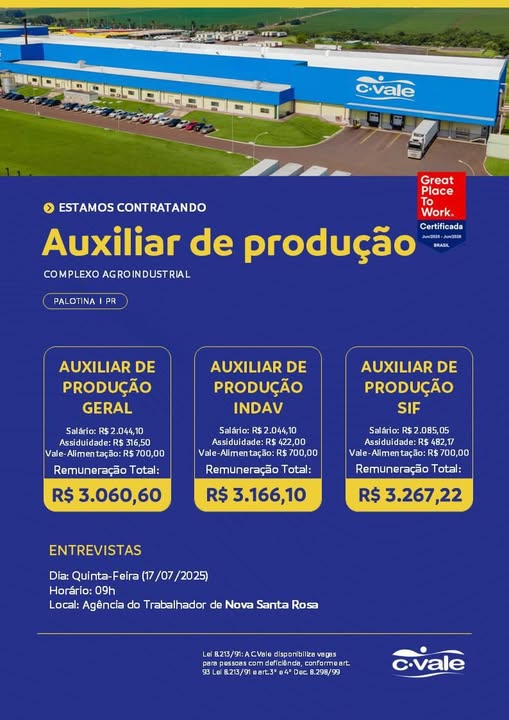 C.Vale realizará entrevistas de emprego para a contratação de auxiliares de produção na quinta-feira (17)