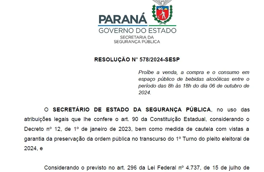 Decreto proíbe venda e consumo de bebidas alcoólicas no Dia da Eleição