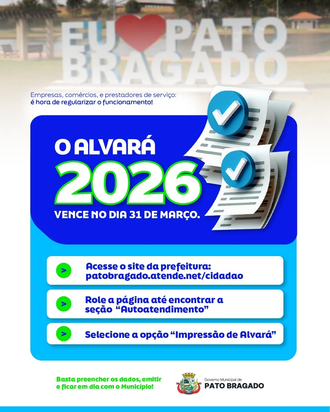 Guia para emissão do Alvará 2026 está disponível no site de Pato Bragado