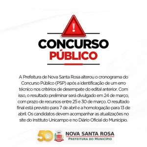  Prefeitura de Nova Santa Rosa informa alteração no cronograma do Concurso Público 001/2025