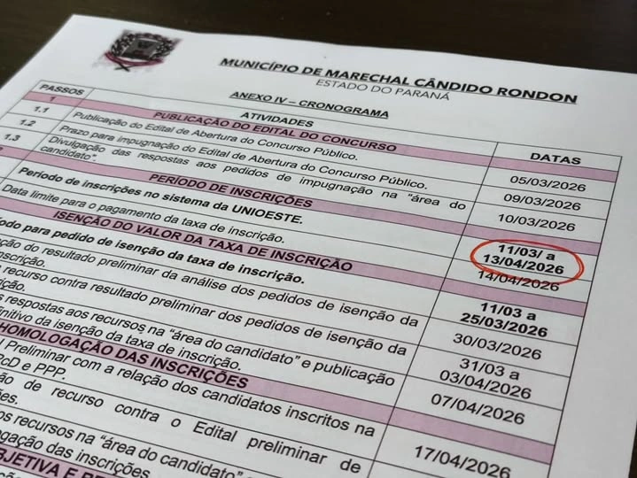  Inscrições para o Concurso Público na prefeitura de Marechal Cândido Rondon podem ser feitas até segunda-feira