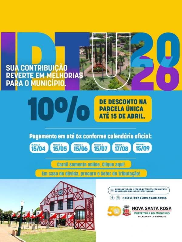 Parcela única do IPTU vence nesta quarta-feira (15) em Nova Santa Rosa