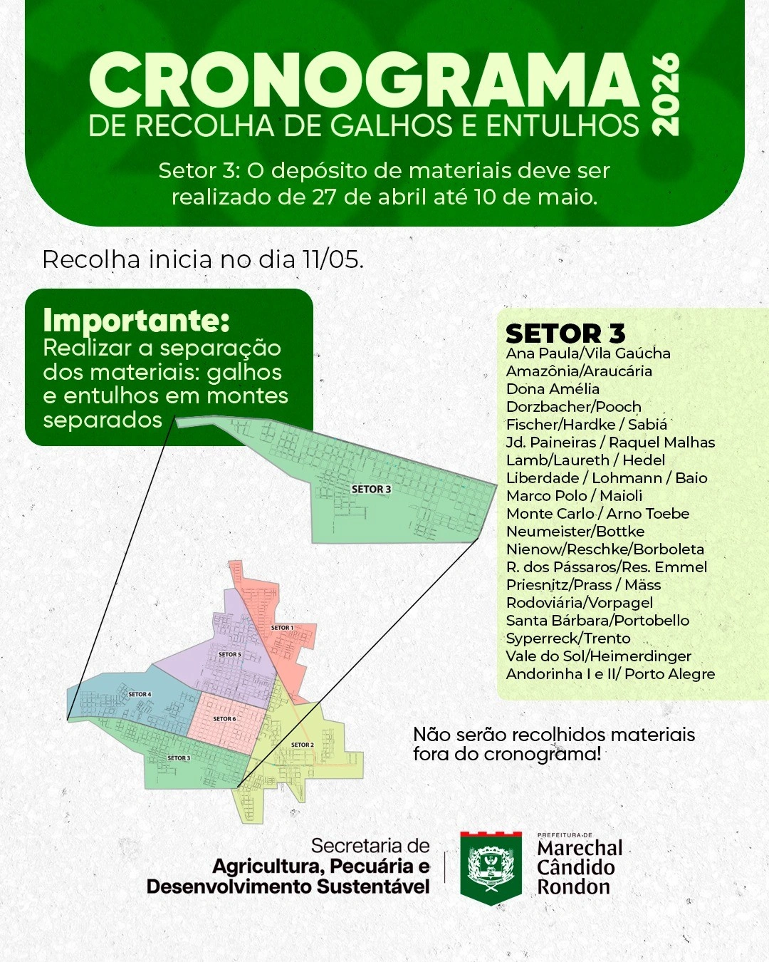 Depósito de galhos e entulhos no setor 3 pode ser realizado a partir desta segunda-feira