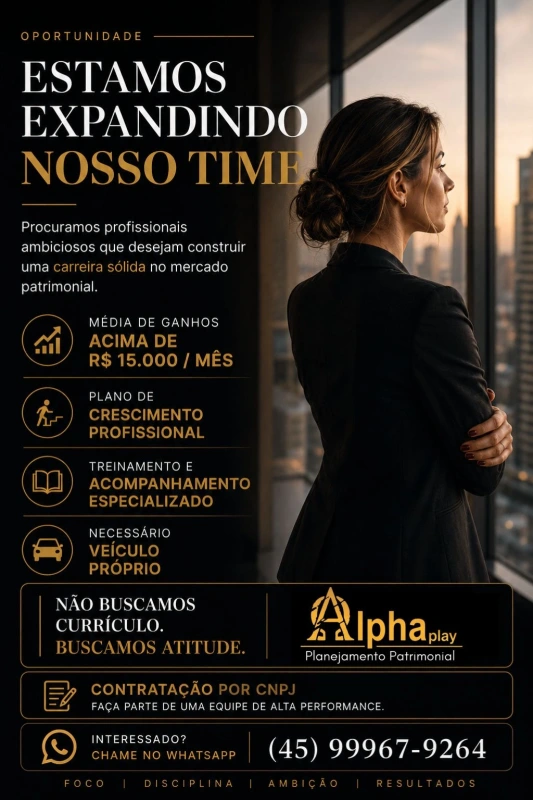 Alphaplay abre vagas na Região Oeste com ganhos acima de R$ 15 mil por mês