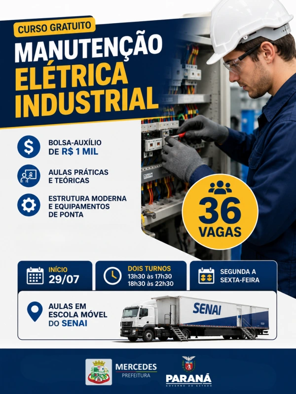 Curso gratuito de Manutenção Elétrica Industrial abre 36 vagas em Mercedes com bolsa de R$ 1 mil