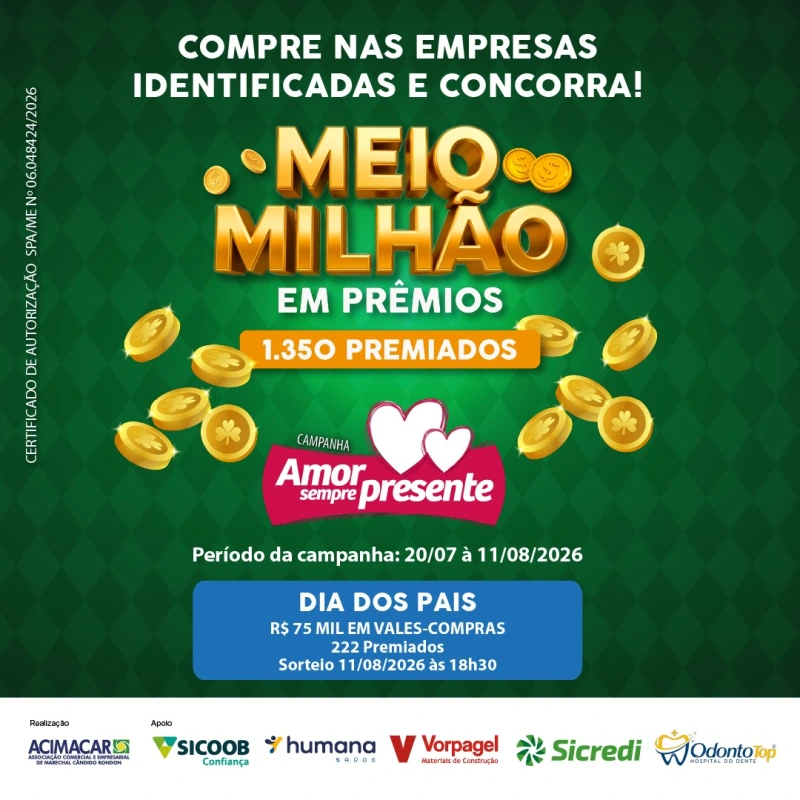  Com R$ 75 mil em prêmios, campanha da Acimacar fortalece vendas para o Dia dos Pais e incentiva compras no comércio local