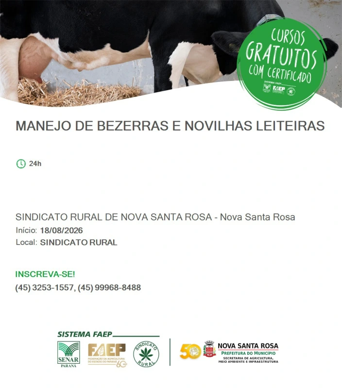 Curso gratuito do SENAR orienta produtores sobre manejo de bezerras e novilhas leiteiras