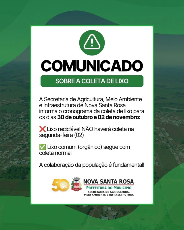 Prefeitura de Nova Santa Rosa informa alterações na coleta de lixo para o feriado de Finados