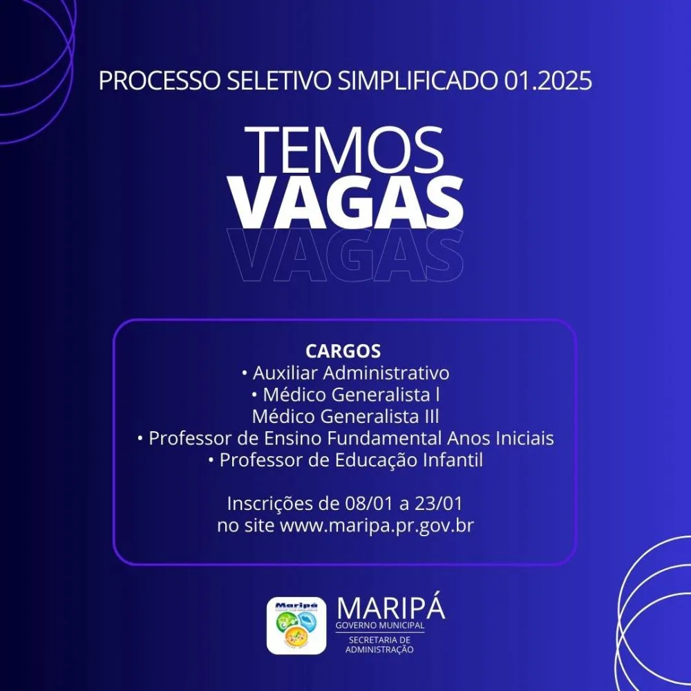 Prefeitura de Maripá segue com inscrições abertas de PSS para vários cargos.