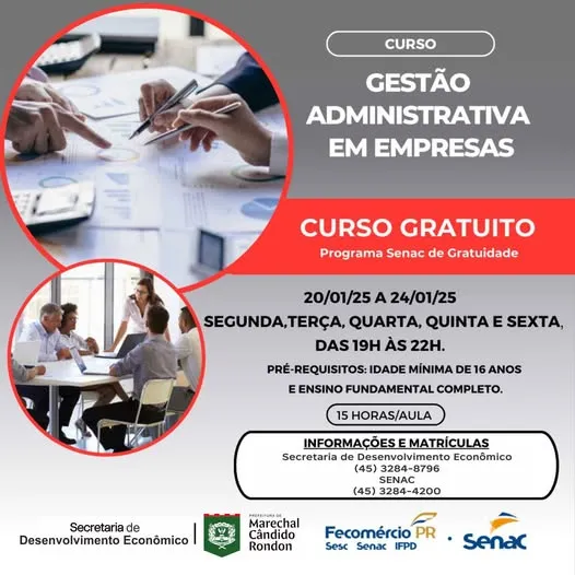 Inscrições abertas para curso de gestão administrativa em Marechal Rondon