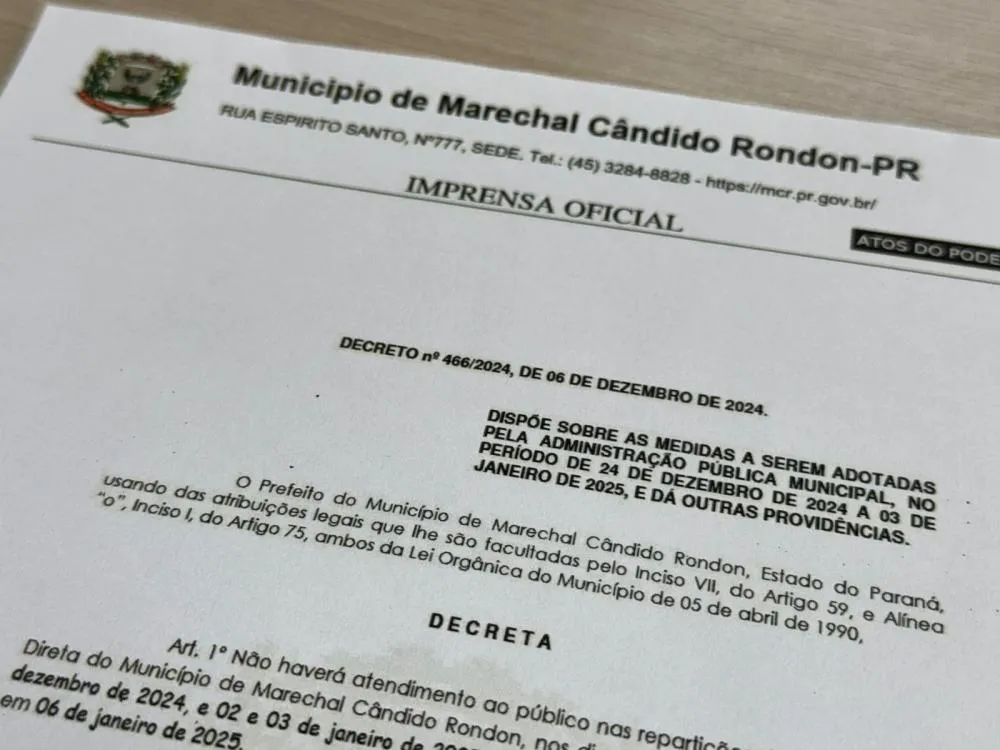 Definidos os horários de funcionamento das repartições públicas municipais rondonenses neste final de ano e início de 2025